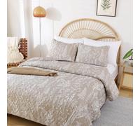 JANZAA Quilts Queen Size Oatmeal Bed Spread with White Floral Pattern Botanical Microfiber Quilts Set Lightweight Comforter 3 Pieces Reversible Bedding Set (1 Queen Quilt and 2 Pillow Cases)