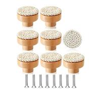 JANZU 8 Pieces Boho Rattan Chest of Drawers Wooden Knobs Hand Woven Wicker Knobs Pull Handle for Wardrobe Decor