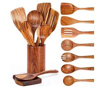 JANZU 9 PCS Wooden Spoons for Cooking, Wooden Utensils for Cooking with Utensils Holder, Teak Wooden Kitchen Utensils Set