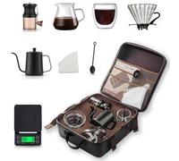 JAOGAUS Hand Brew Coffee Set for Camping, 8PCS Portable Coffee Grinder & Drip Brewing Kit with Filter Pot, Cups, Spoon & Storage Bag, Travel Coffee Making Kit for Outdoor, Office & Home Use