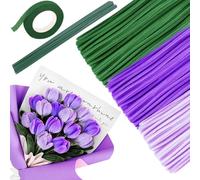 JAONLD Pipe Cleaners for Craft, 300 Pcs DIY Pipecleaners Flower Kit Flexible Tulip Pipe Cleaner 30cm Long in 3 Colours with 30 Florist Wire, 2 Florist Tape for Wedding Gift, Decoration (Purple)