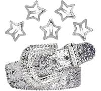 JAONLD Rhinestone Belt Women Y2k Belt Leather Western Cowgirl Belts Sliver Studded Bling Diamond Waist Belts for Jeans Dresses Pants with 5 pcs Star Hair Clips