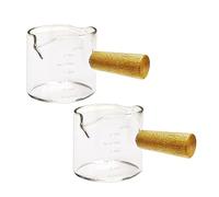 Jaopary 2Pcs Double Spouts Espresso Shot Glasses Measuring Glass Espresso Cups Cookware with Wood Handle for Milk Coffee, 75 Ml Easy to Use Wood Brown