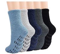 JaosWish Mens Slipper Fluffy Socks, 5 Pairs Bed Cosy Warm Thermal Socks for Men with Grippers, Winter Fleece Cozy Comfy Fuzzy Socks Non Slip 6-10 for Home Sleeping