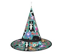 JaoXer Border Collie Florals Witch Hat Halloween - Foldable Decorative Party Hat with LED Lights for Party, Masquerade, Carnival & Christmas