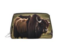JaoXer Gold Leather Makeup Bag - Mighty Highland Yak Print Travel Cosmetic Bags with Zipper, Portable Toiletry Organizer for Daily Use, Silver, One size