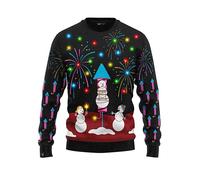 JAP Christmas - Christmas Jumper - Christmas Sweater for Men, Women and Children - Snowman with Fireworks with LED Lights - L Black