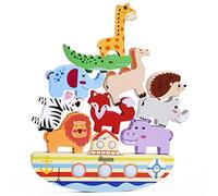Japace Stacking Game from 3 Years, Noah's Ark Wood, Animal on Animal Wooden Toy from 2 3 4 5 Years, Balancing Game Montessori Toy Wooden Animals Children Motor Skills Toy
