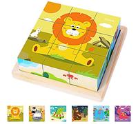Japace Wooden Jigsaw Puzzles for Toddlers, 6 in 1 Animal Puzzle 3D Wooden Cube Block Toys Montessori Educational Games for Kids 1 2 3 4 Years Old Birthday for Boys and Girls (Medium)