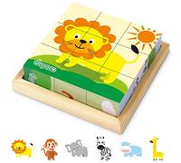 Japace Wooden Jigsaw Puzzles for Toddlers, 6 In 1 Animal Puzzle 3D Wooden Cube Block Toys Montessori Educational Games for Kids 1 2 3 4 Years Old Birthday for Boys and Girls