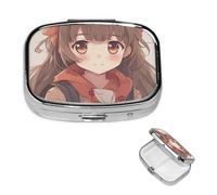 Japan Anime Pill Box with Mirror, 2 Compartment Small Pill Case for Purse Or Pocket Mini Metal Pill Holder Travel Weekly Medicine Tablet Vitamin Holder Organizer Travel Gifts