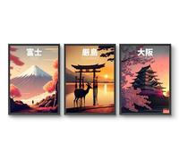 Japan Anime Travel - Set of 3 Prints, Vintage Travel Wall Art, Retro Postcard Poster, Home Decor Gift Idea, Archival Matte, A2 (Framed) - 59.4x42cm