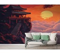 Japan Architecture Wall Mural, Self-Adhesive Peel & Stick Wallpaper, Japanese Red Sun Cloud Design Photo Wallpaper for Living Room & Bedroom (400x280 cm), M-633