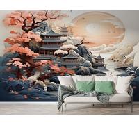 Japan Architecture Wall Mural, Self Adhesive Wallpaper Peel and Stick, Japanese Cherry Blossom Home Decor Photo Wallpaper, Silk Cloth Wall Sticker for Living Room & Bedroom, 300x210 cm - M-678