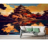 Japan Architecture Wall Mural, Self Adhesive Wallpaper Peel and Stick, Japanese Landscape Home Decor Photo Wallpaper, Silk Cloth Wall Sticker for Living Room & Bedroom, 150x100 cm - M-670