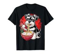 Japan Art Black Schnauzer Dog Eating Ramen Noodles T-Shirt