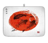 Japan Carps and Red Sun Microfibre Dish Drying Mat Japan Absorbent Dish Drying Drainers Mats for Kitchen Spoon Glass Plate 45.7 x 60.9 cm