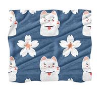 Japan Cartoon Lucky Cat Cherry Blossoms Fleece Throw Blanket for Couch Sofa or Bed Cozy Soft Blankets