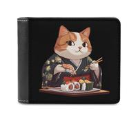 Japan Cat Eating Sushi Men's Bifold Wallet Slim Cash Card Holder Leather Purse