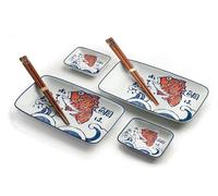Japan Cat & Koi Sushi Plate Set, Sushi Crockery Set, 6-Piece Sushi Set for 2 People, Sushi Plates, Bowls and Chopsticks in Various Asian Animal Designs, Made in Japan (Sakana)