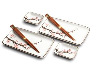 Japan Cat & Koi Sushi Plate Set, Sushi Crockery Set, 6-Piece Sushi Set for 2 People, Sushi Plates, Bowls and Chopsticks in Various Asian Animal Designs, Made in Japan (Sakura)