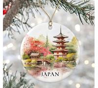 Japan Cherry Blossoms Temple Watercolor Ornament, Japan Christmas Ornament, Gift for Japan Lover, Keepsake Ornament, Travel Souvenirs, Housewarming Gift, Xmas Ornament Ceramic Printed on Both Sides