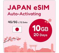 Japan eSIM 20 Days 10GB | eSIM QR Sent by Email within 24Hrs of Shipping | Scan QR and use Immediately | Auto Activating | 5G Network With Tethering/HotSpot/Internet Sharing | Data Only No Voice