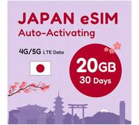 Japan eSIM 30 Days 20GB | Get eSIM in Hours | Auto Activating | Refillable Plan | 5G Network with Tethering/Hotspot/Internet Sharing | Data Only, No Voice Calls | 24x6 Support