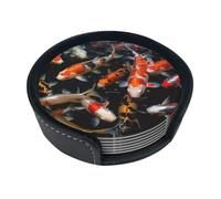 Japan Fancy Koi Carp Fishes Leather Coasters for Drinks Round Coaster Set of 6 Drink Coasters Set with Holder Heat-Resistant Cup Mat for Tabletop Protection Tea Cup Coasters Home Decor