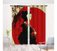Japan Geisha Blackout Curtains 90 Inch Drop, Branch Flower Red Sun Curtains Set of 2 Panels, Modern Japanese Curtain for Bedroom Living Room Window with Eyelet Thermal Insulated, 66 x 90 Inch