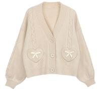 Japan Harajuku Kawaii Pink Knitted Cardigan Women's V-Neck Sweater Cute Bow Heart Korean JK School Uniform Jacket, Begie, L