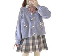 Japan Harajuku Kawaii Pink Knitted Cardigan Women's V-Neck Sweater Cute Bow Heart Korean JK School Uniform Jacket, Blue, XL