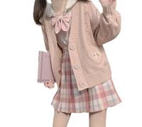Japan Harajuku Kawaii Pink Knitted Cardigan Women's V-Neck Sweater Cute Bow Heart Korean JK School Uniform Jacket, Pink, Small
