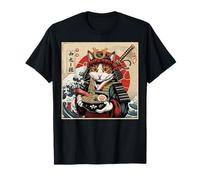 Japan Kawaii Cat Samurai Eating Ramen Japanese Art Anime T-Shirt