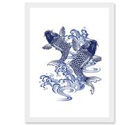 Japan Koi Carp Fish Illustration Water Artwork Framed Wall Art Print A4 Artery8 White One Size
