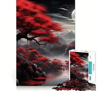 Japan Landscape Red Black Jigsaw Puzzles 1000 Pieces for Adults Logic Fun Real Thick Playful Challenge Night Activity (38x26cm)