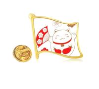 Japan Lucky Fortune Cat Flower Copper Golden Metal Flag Lapel Pin Badge