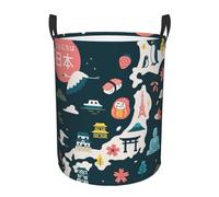 Japan Map With Cultural Symbo Printing Comfy Circular Standable Laundry Hamper With Handles,Perfect For Bedroom,Storage,Home Decor