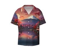 Japan Mount Fuji Landscape Print Shirt for Men Short Sleeve Button Down Shirt Men Casual Summer Beach Shirts, Black, Large