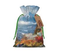 Japan Mount Fuji Landscape Printed Christmas Drawstring Bags for Party Xmas Gift Wrapping, Green Christmas Ribbon, S