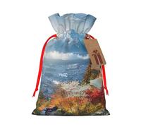Japan Mount Fuji Landscape Printed Christmas Drawstring Bags for Party Xmas Gift Wrapping, Red Ribbon, M