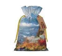 Japan Mount Fuji Landscape Printed Christmas Drawstring Bags for Party Xmas Gift Wrapping, Yellow Christmas Ribbon, S