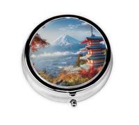 Japan Mount Fuji Landscape Printed Round Pill Organizer with 3 Compartments, Portable Mini Pill Box Pill Case for Medicine, Vitamin, Fish Oil, Supplements