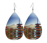 Japan Mount Fuji Landscape Printed Teardrop Pendant Leather Earrings | Lightweight and Versatile Earrings | Suitable for Daily Commute and Date Wear