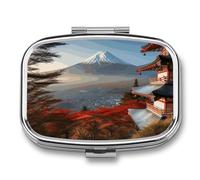 Japan Mount Fuji Portable Landscape Pill Box with 2 Compartments Travel Case with Square Mirror Metal Medicine Storage Pocket Medicine Box for