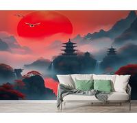 Japan Mount Fuji Wall Mural, Self Adhesive Wallpaper Peel and Stick, Japanese Red Sun Landscape Home Decor Photo Wallpaper, Silk Cloth Wall Sticker for Living Room & Bedroom, 450x315 cm - M-622