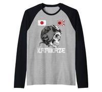 Japan Rising Japanese Sun Flag Pilot Skull Samurai Kamikaze Raglan Baseball Tee