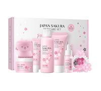 Japan Sakura kin Care Sets & Kits 8PCS-Facial Kit with Cleanser, Toner, Serum,Eye Cream,Face Moisturizer,Face Brush&Hair Clips - Hydrating Travel Beauty Gift Set for Women Teen Girls Mom (Sakura-8PCS)