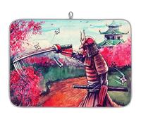 Japan Samurai Painting Microfibre Dish Drying Mat Japan Landscape Absorbent Dish Drying Drainers Mats for Kitchen Spoon Glass Plate 45.7 x 60.9 cm