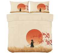 Japan Samurai Single Duvet Cover - Japanese Style Bedding - Zen Khaki Reversible Duvet Cover Set with 1 Pillowcase, Soft Bed Set with Zipper Closure (140 x 200cm)